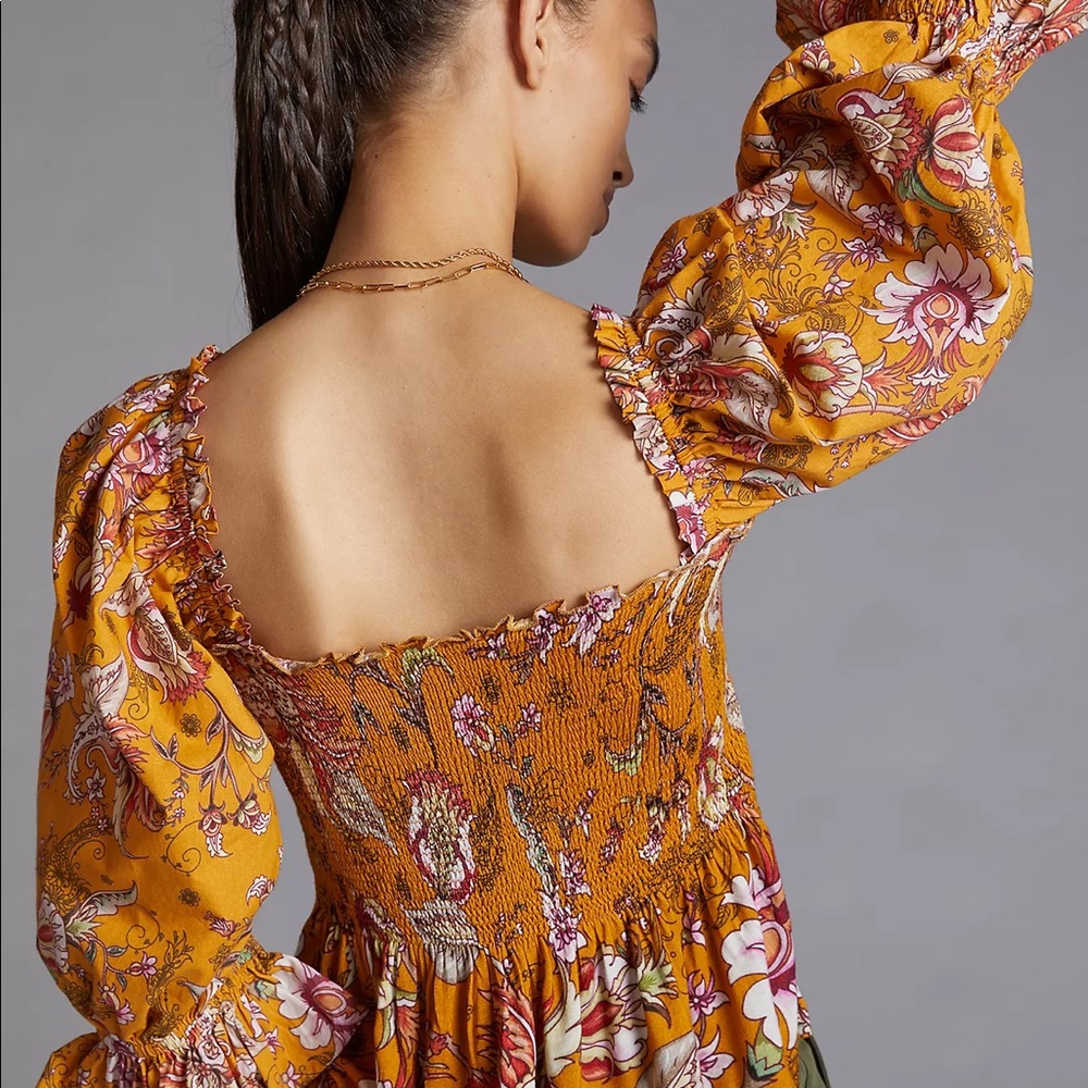 Anthropologie smocked Sweetheart Blouse Yellow Motif (consistently Apply) - Picture 14 of 15